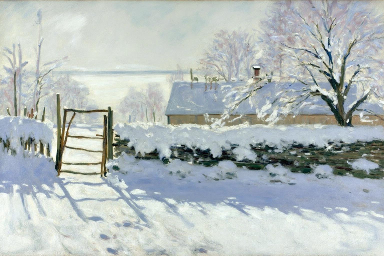claudemonet1 painting. A snow-covered path with a rustic wooden gate on the left side, leading to a snow-covered landscape.
 <lora:claudemonet1_cap_d8a4e12:1.0><lora:843295968196754393:0>