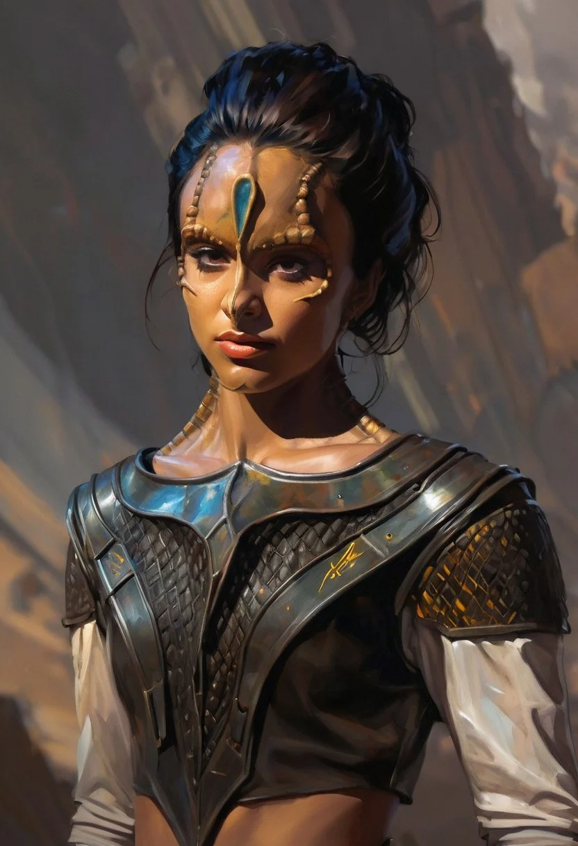 embedding:urn:air:sd1:embedding:civitai:222256@250708, (a 18 year old female kling0n alien, forehead ridges, brown skin, nose ridges, large eyebrows, leather armor), erotic, dynamic, moody, shadows, highly detailed, low cut strapless breastplate armor, cleavage, midriff, busty, digital painting, artstation, concept art, smooth, sharp focus, illustration, art by Carne Griffiths and Wadim Kashin, good shadows, dim lit, devoid of color, low light, back light, hidden, obscured, black hair, prismatic, monolith, obsidian, bright yellow god rays, sun circle