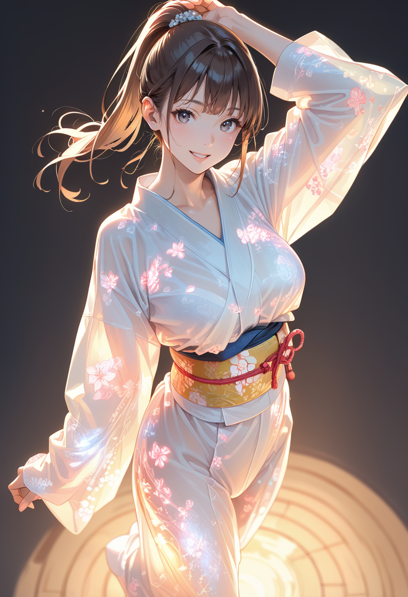 score_9, score_8_up, score_7_up, source_anime, perfect anatomy, ((outlined outlined vector graphics)), simple background, dark background, indoors,
1girl,  from above ,  looking at viewer ,looking at viewer,cowboy shot,
20yo, brown hair, gray eyes, (large breast:1), (ponytail:1.1), medium hair,(curvy:1.1),bangs,
, standing, glowing kimono, blue kimono, smile , obi,   jumping,  , arm up ,  , see-through  ,aetherial <lora:glowing-kimono-01:1.0>