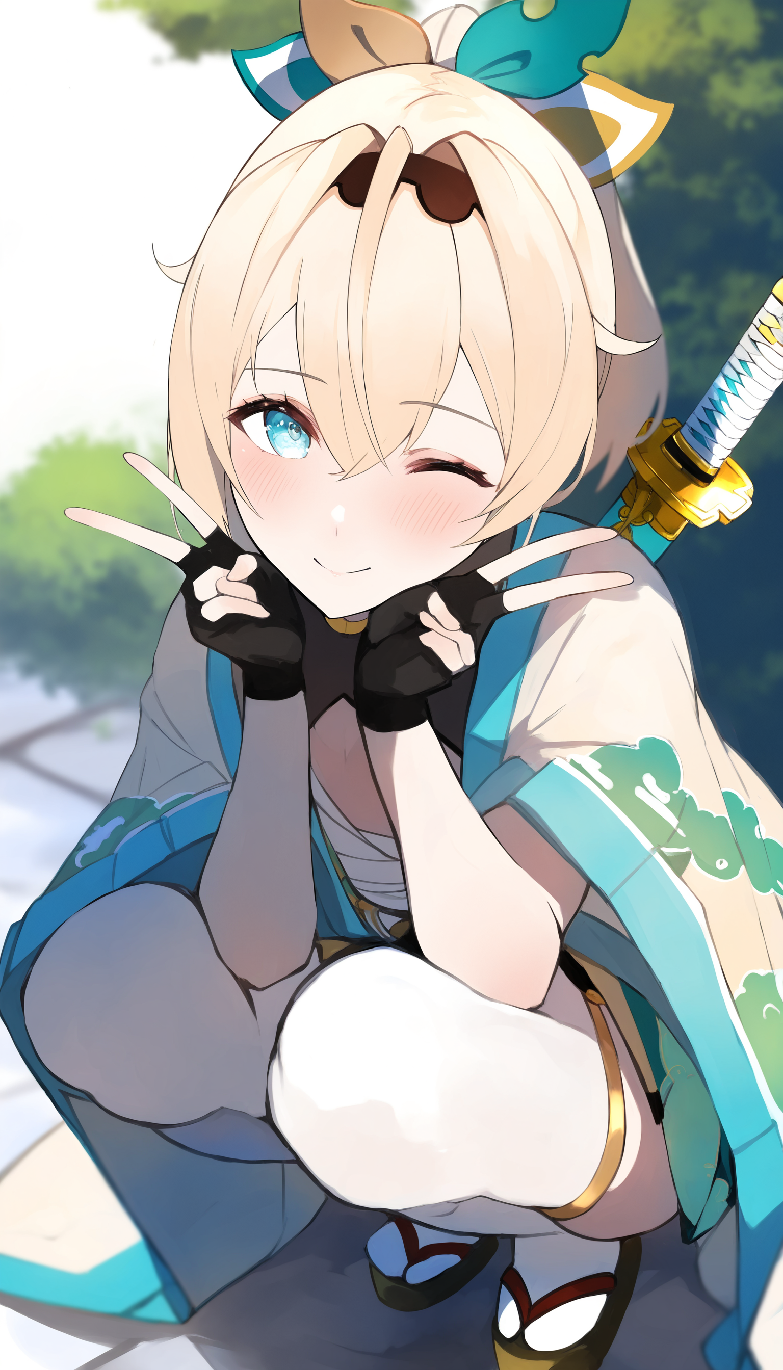 1girl,tmc8,tomochi \(tmc tmc8\),solo,looking at viewer,blush,smile,bangs,blue eyes,skirt,blonde hair,thighhighs,gloves,hair between eyes,closed mouth,ponytail,weapon,one eye closed,japanese clothes,black gloves,sword,virtual youtuber,fingerless gloves,white thighhighs,v,sandals,squatting,katana,;),double v,tabi,hands on own face,haori,weapon on back,kazama iroha,masterpiece,best quality,absurdes,aesthetic,highres,<lora:tomochi_tmc_tmc8__Illustrious_Style:1>,