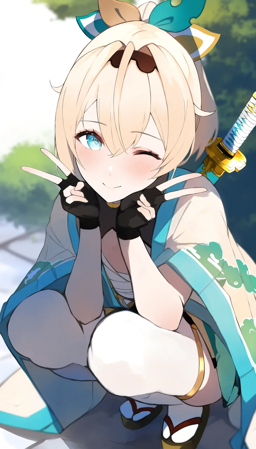 1girl,tmc8,tomochi \(tmc tmc8\),solo,looking at viewer,blush,smile,bangs,blue eyes,skirt,blonde hair,thighhighs,gloves,hair between eyes,closed mouth,ponytail,weapon,one eye closed,japanese clothes,black gloves,sword,virtual youtuber,fingerless gloves,white thighhighs,v,sandals,squatting,katana,;),double v,tabi,hands on own face,haori,weapon on back,kazama iroha,masterpiece,best quality,absurdes,aesthetic,highres,<lora:tomochi_tmc_tmc8__Illustrious_Style:1>,