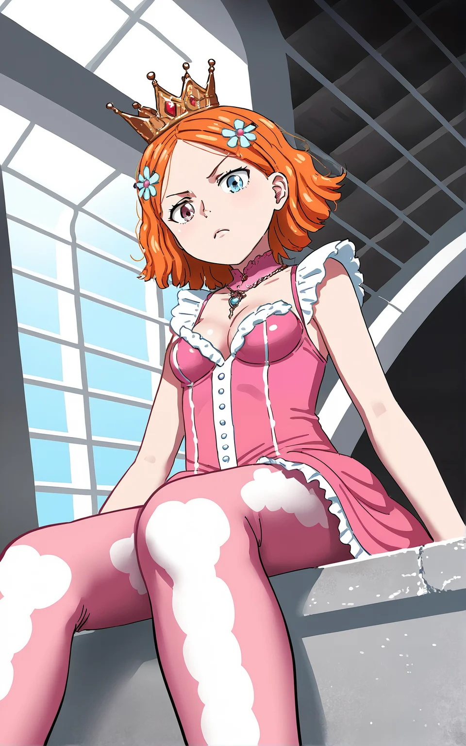 score_9_up, source_cartoon, suzieq, 1girl,  orange hair, solo. hair ornament, flower, hair flower, short hair, blue eyes,heterochromia,  hairclip,queen outfit. crown. sitting on thrown. from below. serious. jewelry. leggings. castle interior.