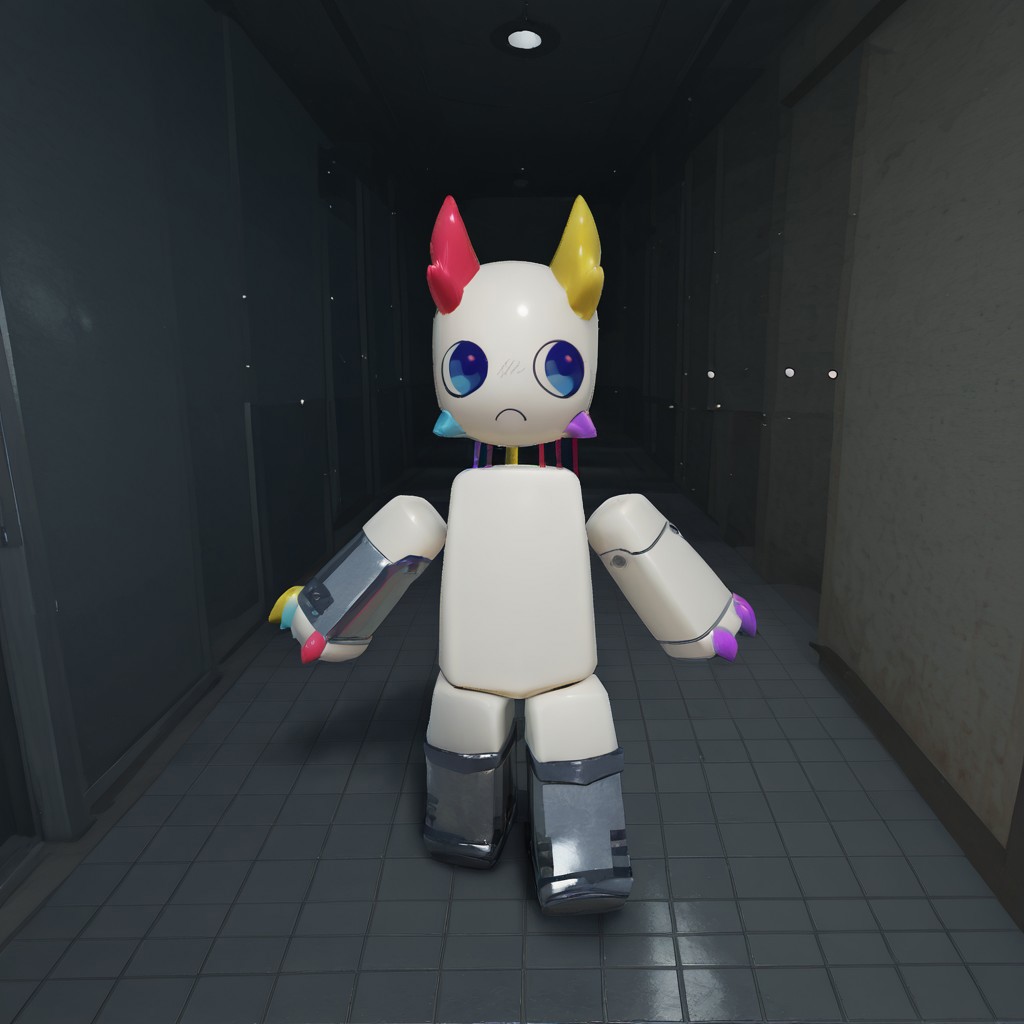 , solo, 1boy, Prototype, robot, male, white body, blue eyes, crystalline horns, four claws, multicolored claws, metal leg bands, metal arm bands, red horn, yellow horn, 
BREAK factory, dark environment, looking around, ..., ellipses, walking, indoors, from above
BREAK best quality, amazing quality, very aesthetic, absurdres, newest, masterpiece