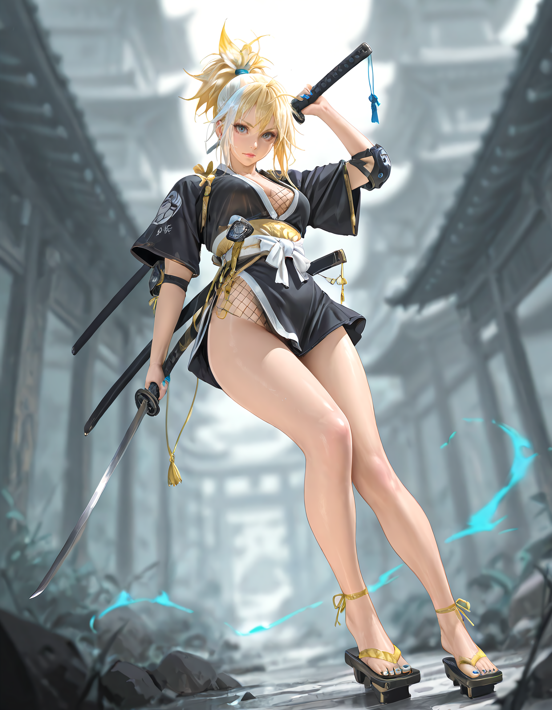 high quality, score_9, score_8_up, source_7_up, very aesthetic, high resolution, newest, depth of field, volumetric lighting, (masterpiece, best quality, ultra-detailed, High detailed), beautiful faces, more detail XL, absurdres,masterpiece,best quality,amazing quality, masterpiece,best quality,amazing quality, 8k, 
BREAK  <lora:vergilhoo_style-20:0.8> vergilhoo_style, 1girl, solo, breasts, looking at viewer, blonde hair, holding, closed mouth, jewelry, full body, white hair, ponytail, weapon, multicolored hair, japanese clothes, sword, kimono, holding weapon, nail polish, blurry, armor, arm up, legs, lips, toes, sash, blurry background, holding sword, sandals, obi, katana, fishnets, sheath, toenails, blue nails, sheathed, toenail polish, anklet, geta, black kimono, ninja, scabbard, short kimono, yellow nails, elbow pads, fishnet top