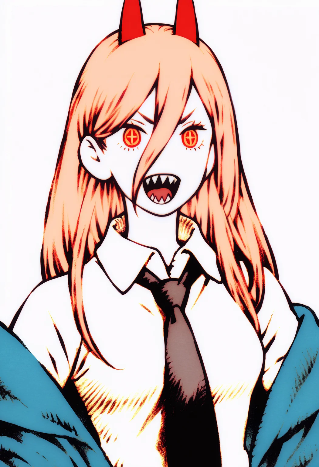 best quality, amazing quality, very aesthetic, absurdres, yoshida akihiko, BREAK
1girl, power \(chainsaw man\), pink hair, blonde hair, red horns, red eyes, cross-shaped pupils, long hair, sharp teeth, hair between eyes, symbol-shaped pupils,
collared shirt, black necktie, long sleeves,
looking at viewer, white shirt, open mouth,
simple background, white background, smile, upper body, <lora:AkihikoYoshidaNoobLocon_byKonan:1>