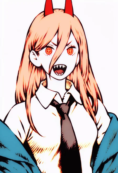 best quality, amazing quality, very aesthetic, absurdres, yoshida akihiko, BREAK
1girl, power \(chainsaw man\), pink hair, blonde hair, red horns, red eyes, cross-shaped pupils, long hair, sharp teeth, hair between eyes, symbol-shaped pupils,
collared shirt, black necktie, long sleeves,
looking at viewer, white shirt, open mouth,
simple background, white background, smile, upper body, <lora:AkihikoYoshidaNoobLocon_byKonan:1>