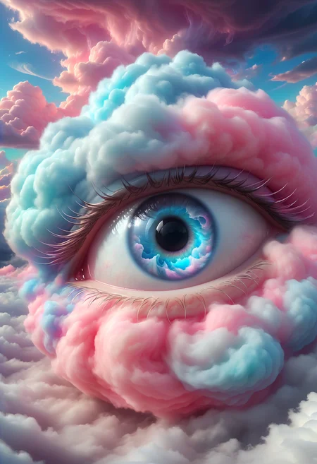 <lora:SDXLCottonCandy:1> cottoncandy human eye that swirls colors inside of a storm cloud, eye inside of clouds, 8k resolution, 4k image. HDR highly detailed. vivid. UHD, amazing depth, glowing rich colors, powerful imagery
