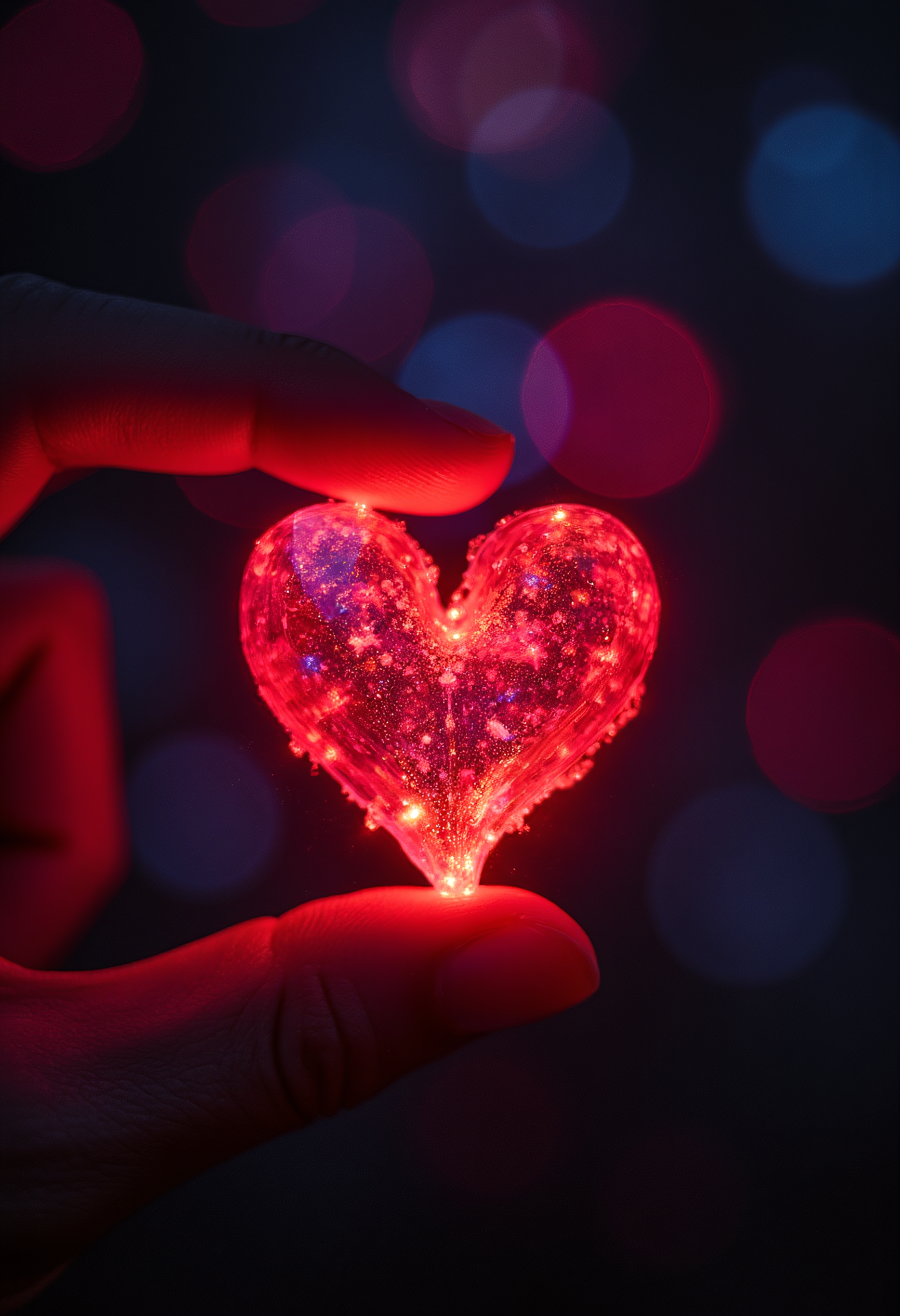 An extreme closeup of a heart emoji held between two fingers, black bokeh background, vibrant glow,