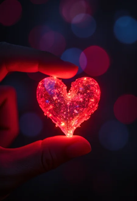 An extreme closeup of a heart emoji held between two fingers, black bokeh background, vibrant glow,