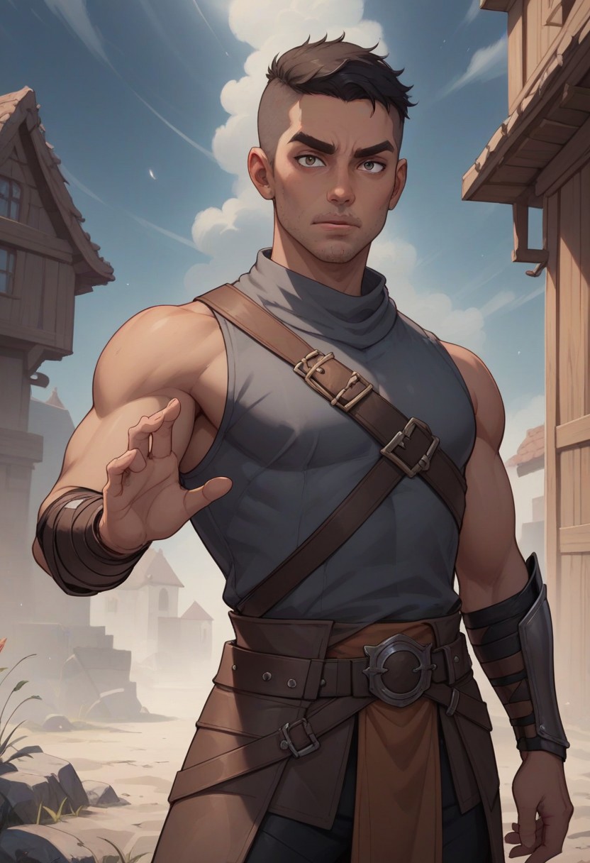 score_9, score_8_up, score_7_up, score_6_up, BREAK 1man, young, indian brown skin boy, medium brown skin, stubble, slightly narrow eyes, thick natural eyebrows, black hair, undercut, man bun, black hair, stubble, athletic body, fantasy assassin, wearing sleeveless dark grey inner tunic, dark brown light weight leather armour, black pants, dark brown leather belt with pouches, dark grey cloak,((dynamic pose)),
BREAK standing, small fantasy town background, night time, volumetric light, cowboy shot halfbody portrait