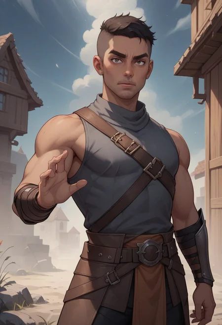 score_9, score_8_up, score_7_up, score_6_up, BREAK 1man, young, indian brown skin boy, medium brown skin, stubble, slightly narrow eyes, thick natural eyebrows, black hair, undercut, man bun, black hair, stubble, athletic body, fantasy assassin, wearing sleeveless dark grey inner tunic, dark brown light weight leather armour, black pants, dark brown leather belt with pouches, dark grey cloak,((dynamic pose)),
BREAK standing, small fantasy town background, night time, volumetric light, cowboy shot halfbody portrait