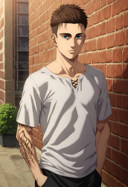 score_9, score_8_up, score_7_up, source_anime, rating_safe, intricate details, (photorealistic:0.6), looking at viewer, , 1boy, solo, male focus, <lora:eren_yeager_s4:0.96>, eren_yeager_s4, brown hair, blue eyes, adult face, small forehead, high fade haircut, very short hair, hair completely shaved on the sides, messy hair, stubble, asymmetrical, rooftop in a large city, body standing straight, lighting, day, sunny, beautiful, best render, realistic, white t-shirt, half-closed eyes, hands in pockets, <lora:Epic_tattoo_man:0.7>, veiny arms, relaxed body, ear piercing, front focus, distracted, aloof, oblivious,<lora:sdxl_lightning_8step_lora:1>