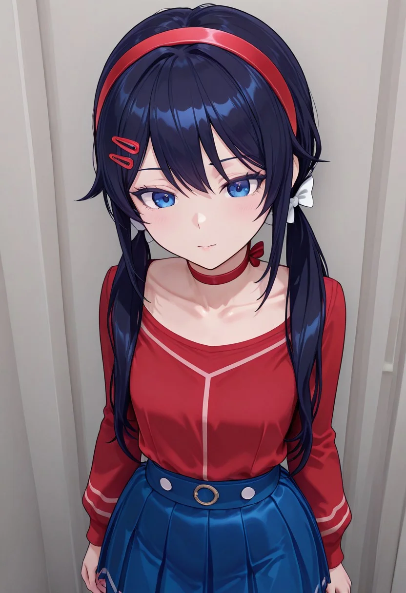 mita,1girl, solo, petite, hair ornament, perfect, sexy, twintails, red choker, red hairband, long hair,blue_eyes, black hairs, blue skirt, white bows, two ordinary small red clips, red shirt