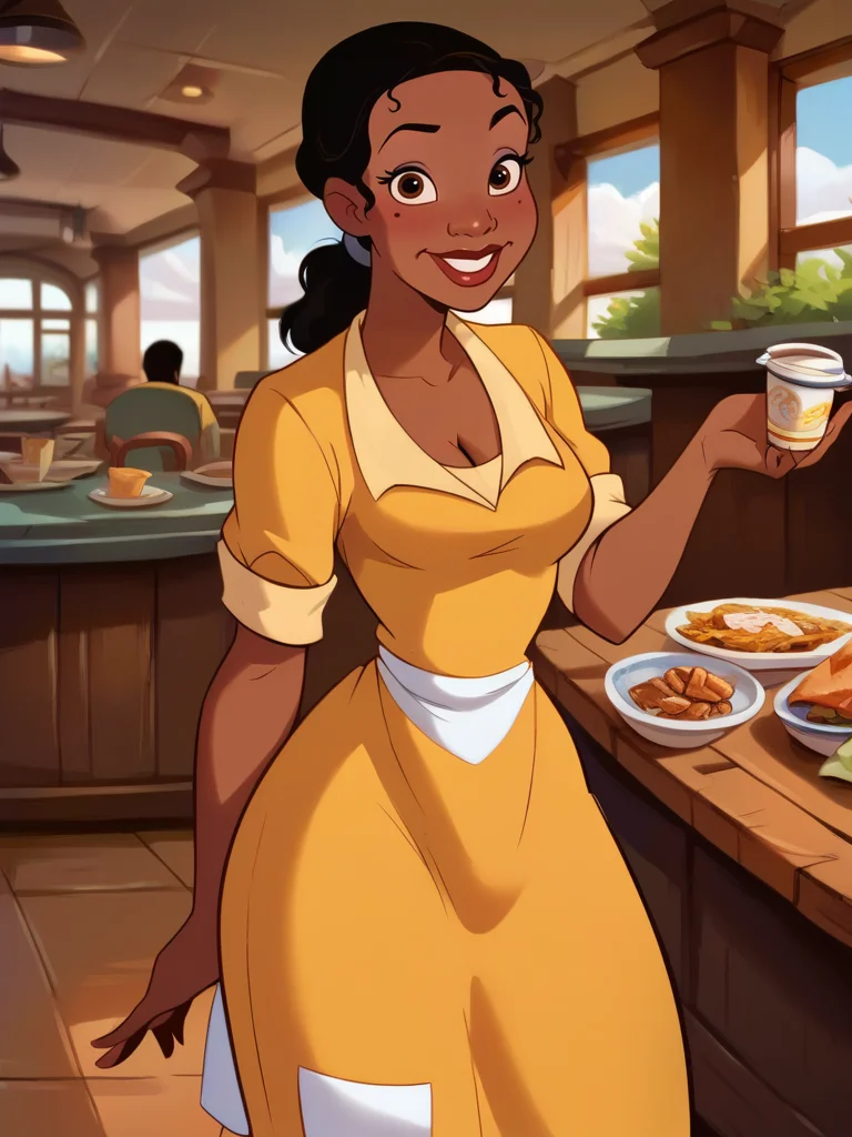 score_9, score_8_up, score_7_up, score_6_up, 1girl, ponytail, dark-skinned female, bedroom, balcony, yellow dress, long skirt, white apron ,cleavage, curvy, medium breasts, narrow waist, wide hips, thick thighs, looking at viewer, dynamic angle, cowboy shot, dynamic pose, smile, cute, wide shot, sexually suggestive, restaurant, table humping, makeup, disney, cartoon, realism, cute,
<lora:TianaXLP_character:1>TianaXLP <lora:Realistic_2.5DAnime_Merge1:0.5>