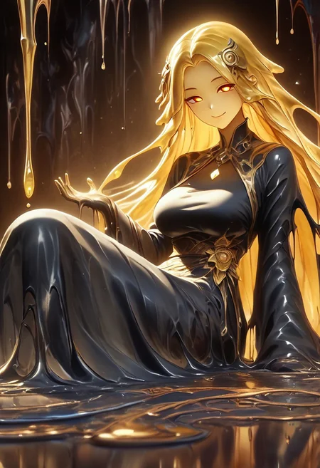 score_9, score_8_up, score_9_up, score_7_up, high quality, masterpiece, highly detailed, 1 girl, (((black slime girl))), large breasts, girl see through body. DonM5h4d0wM317XL, gold and black kimono dress, golden hair ornament, long hair, glowing golden eyes, sexy pose, dark forest background, sexy smile
