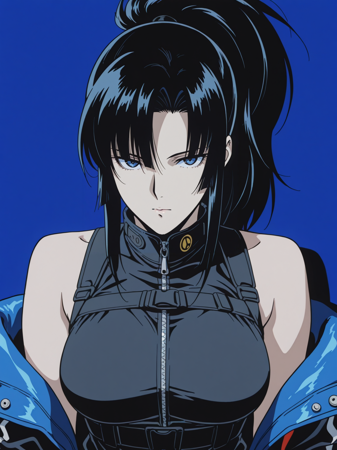 1girl bare_shoulders black_hair black_jacket blue_background blue_eyes blue_jacket breasts buckle closed_mouth from_side hair_between_eyes jacket large_breasts long_bangs looking_at_viewer looking_to_the_side medium_hair open_clothes open_jacket ponytail shadow sidelocks simple_background sleeveless sleeveless_jacket solo strap three_quarter_view upper_body zipper,
, animation artstyle, <lora:ScrollDIL:0.8>, masterpiece, best quality, amazing quality, flat colors