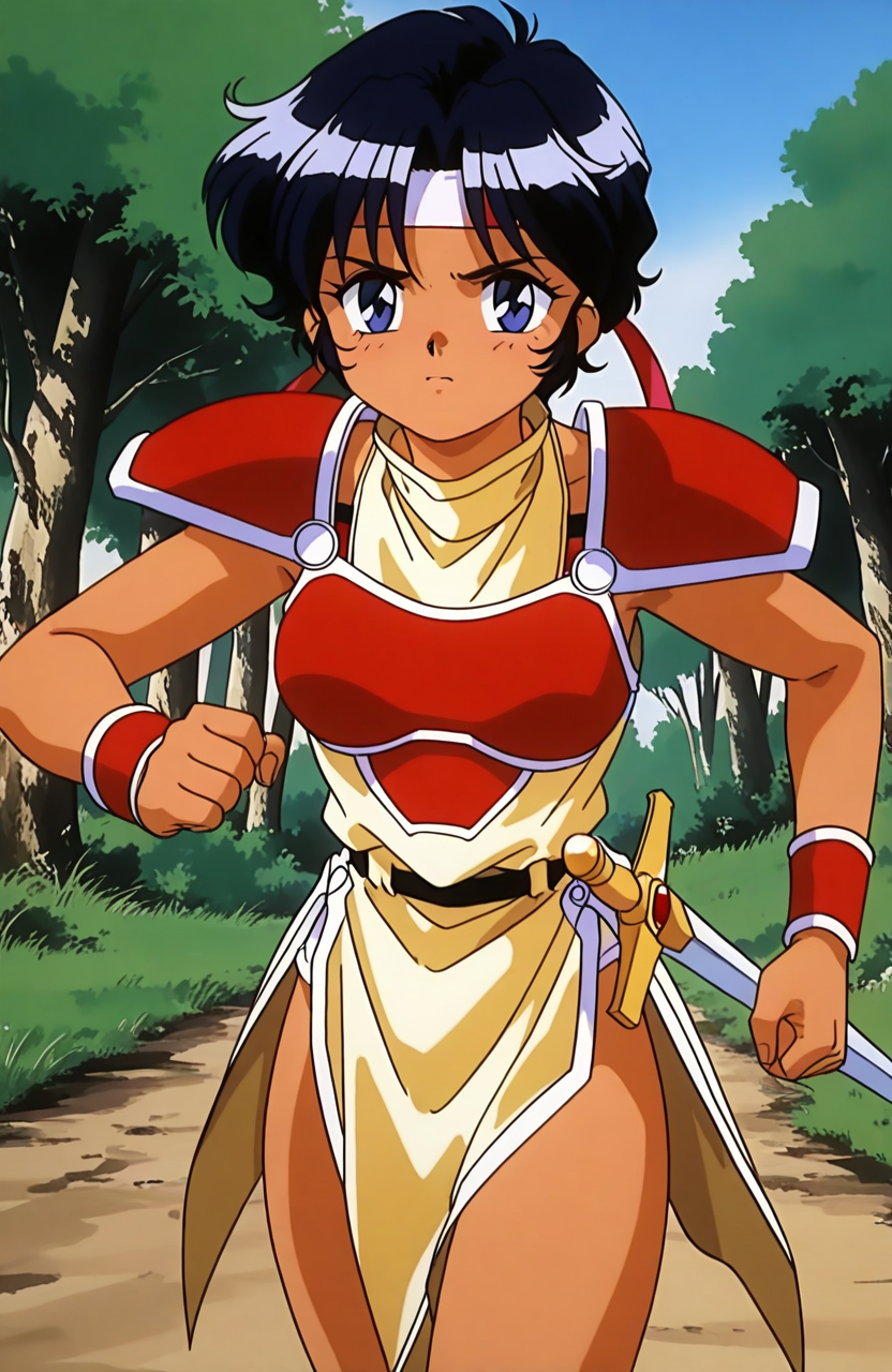 general,highres, ultra-detailed,very aesthetic,best quality ,best hands,  BREAK <lora:Luna_Mahou_Shoujo_Meruru_IS:1>Luna(Mahou_Shoujo_Meruru),1girl,solo, short hair, headband, 
red armor, black hair, shoulder armor, blue eyes, pauldrons, medium breasts, white skin,
weapon, solo, sword, nature, forest, running, serious face,
1990s (style), anime coloring,
grass, tree, sky,