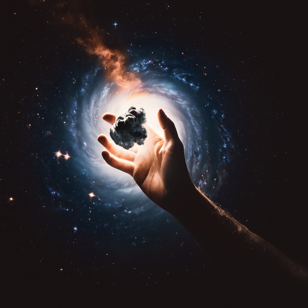 cinematic film still of  <lora:Fine art photography style:1>
Juxtaposition of a hand holding a piece of art with a galaxy in the background,Juxtaposition,artistic,photography,dramatic light,dramatic shadow light,contrast,saturated color,cinematic,filmic,photographic,realistic,realism,perfection,perfect,Juxtaposed,opposite,different things,side by side,syncretism,antithesis,Juxtaposition style,monochrome,greyscale,solo focus,blurry,depth of field,pov,smoke,spot color,out of frame,pov hands,space,explosion , creative, photorealism, hyperrealism, Fine art photography style, Fine art cinematic photography style, shallow depth of field, vignette, highly detailed, high budget, bokeh, cinemascope, moody, epic, gorgeous, film grain, grainy
