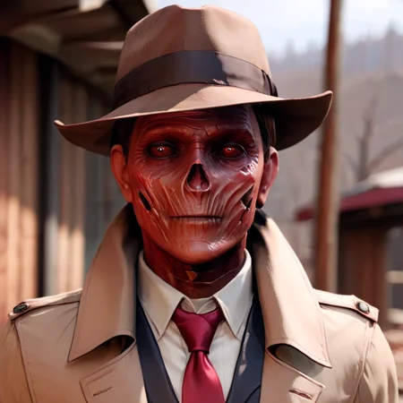 masterpiece,absurd resolution,8k,
fallout,ghoul,solo,shirt,1boy,hat,white shirt,upper body,male focus,necktie,collared shirt,blurry,coat,blurry background,formal,suit,red necktie,brown headwear,brown coat,fedora,trench coat
,  <lora:fallout_xl:1>