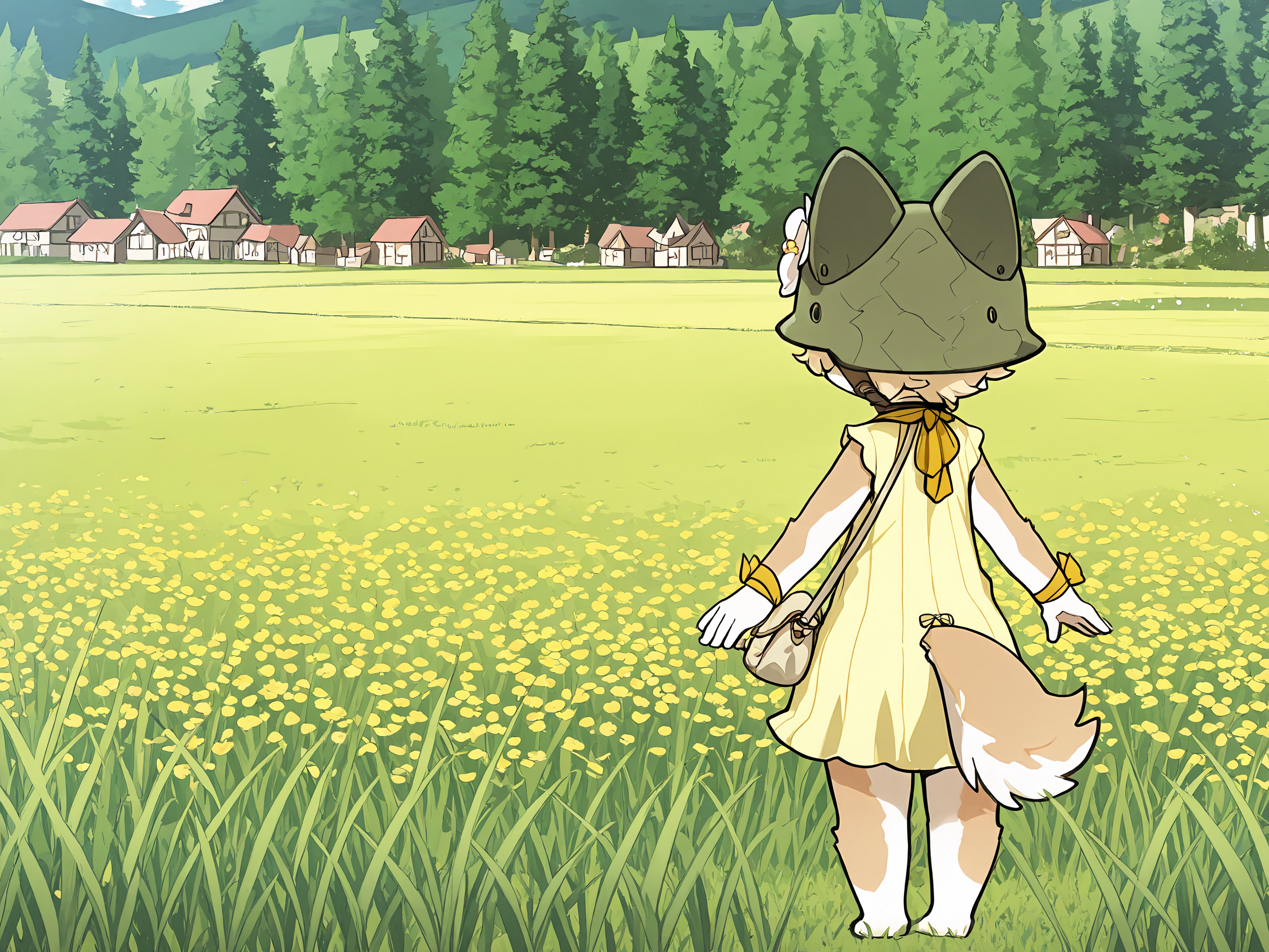 BREAK, <lora:Chick_Montblanc_Illustrious_V1:1>, Chick Montblanc, Fuga: Melodies of Steel, kemono, furry female, 1girl, dog girl, beige fur, white fur, multicolored fur, yellow eyes, blonde hair, short hair, animal ears, dog ears, dog tail,
BREAK, Fuga 1 Outfit, barefoot, yellow dress, sleeveless, handbag, yellow neckerchief, wrist ribbon, helmet, flower on helmet,
BREAK, solo, full body, outside, rear view, meadow, grass, trees, village, standing
