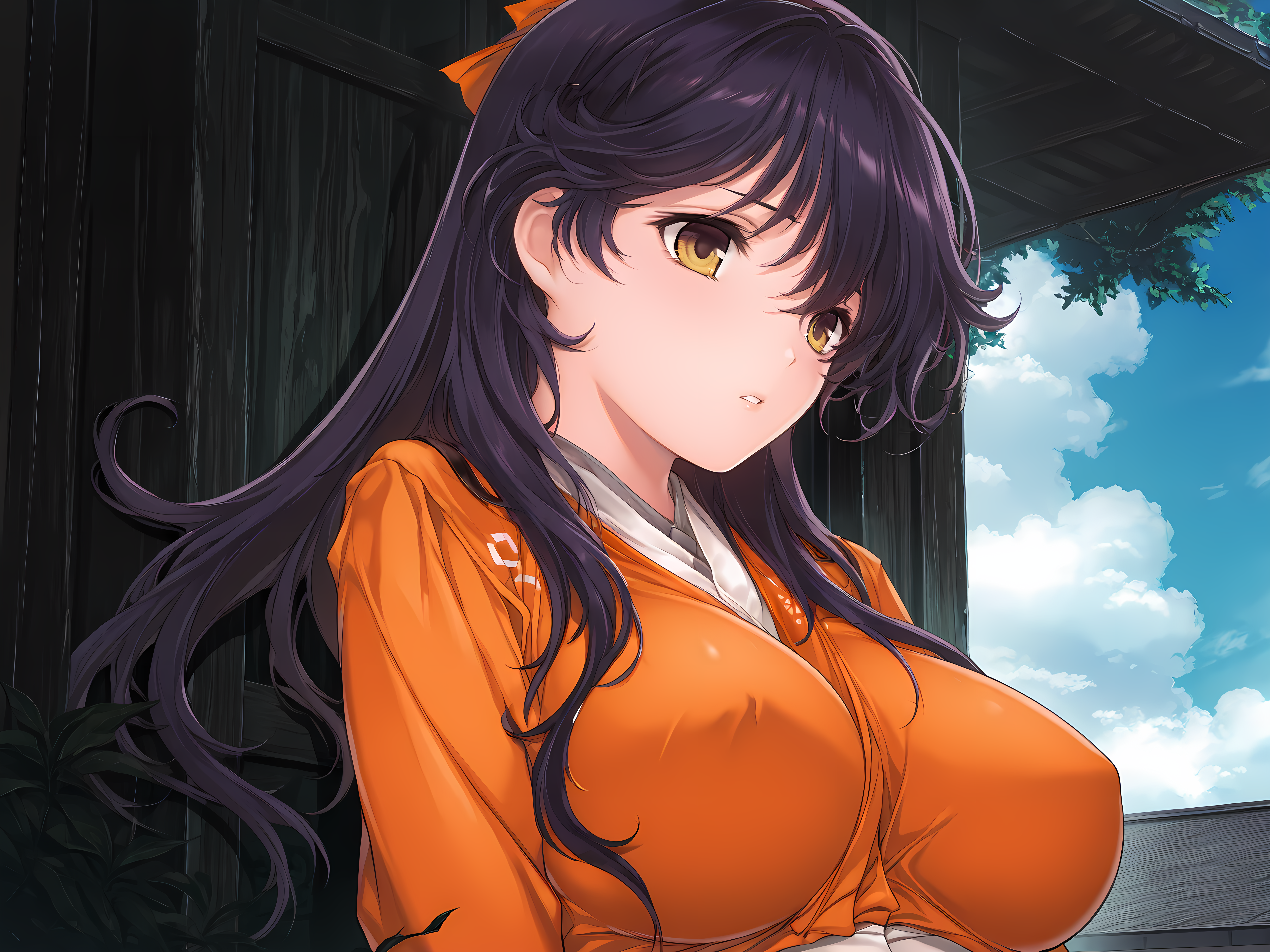 <lora:HaHa_Ranman_Illustrious:1>,saki,alicesoft,sakimo outfit,upper body,yellow eyes,parted lips,outdoors,, masterpiece,best quality,amazing quality,