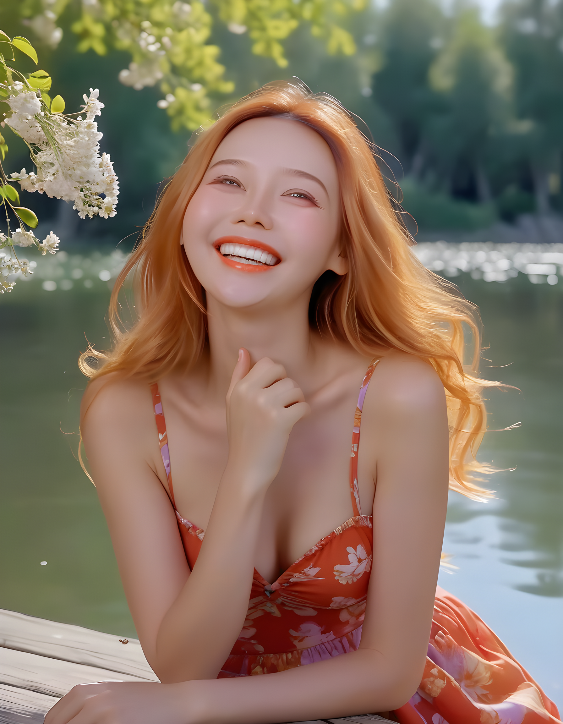Under a radiant mid-afternoon sun, L334Y, a captivating woman with cascading golden hair, wears a vibrant red sundress adorned with delicate white flowers. Her eyes sparkle with an infectious grin that reveals her perfectly aligned pearly whites. Seated on a weathered wooden dock overlooking a serene lake, she leans back, one hand propping up her chin as she gazes off into the distance, a carefree and joyful expression gracing her beautiful features. Behind her, the sky is painted with soft hues of lavender and orange, casting a warm glow on her radiant face and the tranquil water below. A gentle breeze rustles the leaves of nearby trees, adding an element of movement to this serene tableau.