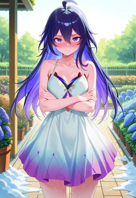 masterpiece, best quality, amazing quality, Seele_HSR, blue hair, 1girl, solo, outdoors, garden, melting snow, sundress, blushing, frowning, arms crossed, looking at viewer, cowboy shot,