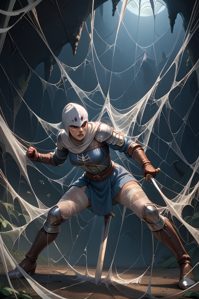 score_9, score_8_up, score_7_up,
female warrior, medieval armor, fighting, muscular, sword, curtting spiderwebs, <lora:Spiderwebs v3.1:0.8>  cocoon, covered in cobwebs, spiderwebs , silk,
angry, wild, dark cave, abstract, masterpiece, best quality,