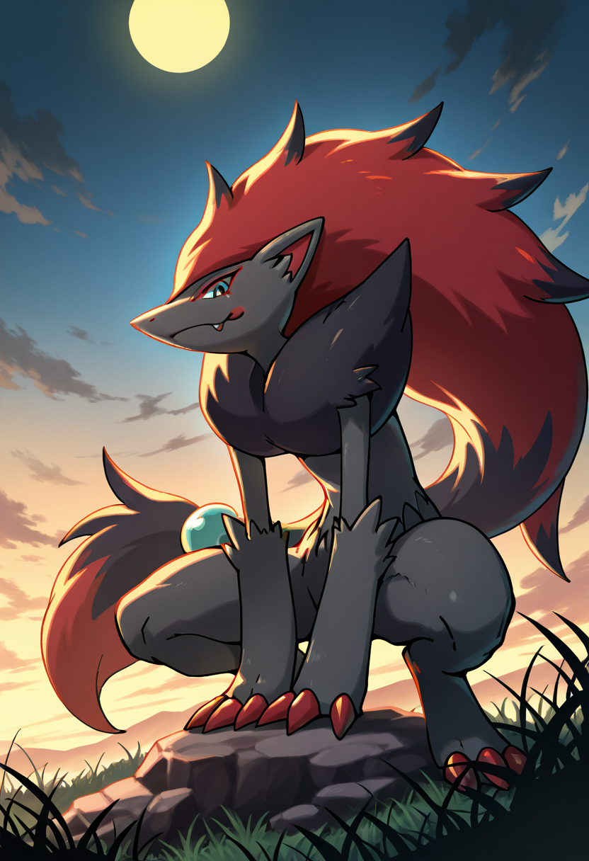 masterpiece, best quality, no humans,    <lora:ZoroarkPokedex_IXL_v1:1.0>,   zzZoroark, cliffside at sunset, silhouette pose, high winds, tattered grass, golden light streaking the sky â Perched on the jagged edge of a windswept cliff, zzZoroark stands tall in silhouette against the amber blaze of sunset. The wind tears at the grass and ruffles the tufts of fur around its neck as the last light glints off distant waves far below. (looking at viewer),