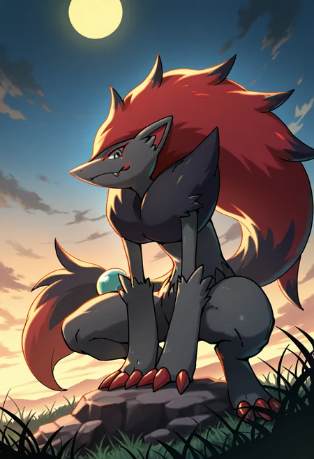 masterpiece, best quality, no humans, <lora:ZoroarkPokedex_IXL_v1:1.0>, zzZoroark, cliffside at sunset, silhouette pose, high winds, tattered grass, golden light streaking the sky â Perched on the jagged edge of a windswept cliff, zzZoroark stands tall in silhouette against the amber blaze of sunset. The wind tears at the grass and ruffles the tufts of fur around its neck as the last light glints off distant waves far below. (looking at viewer),