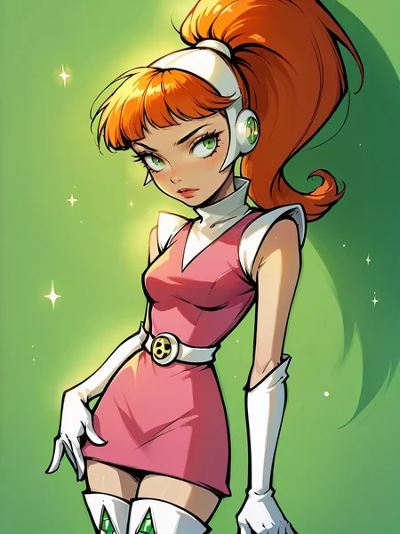 score_9, score_8_up, score_7_up, score_6_up, score_5_up, <lora:1ly4XLP:1> 1ly4, <lora:AtomicBettyXLP:0.8> atomic betty, 1girl, gloves, solo, green eyes, thigh boots, ponytail, elbow gloves, dress, <lora:EgirlPFP-XLP:1> egirlpfp
