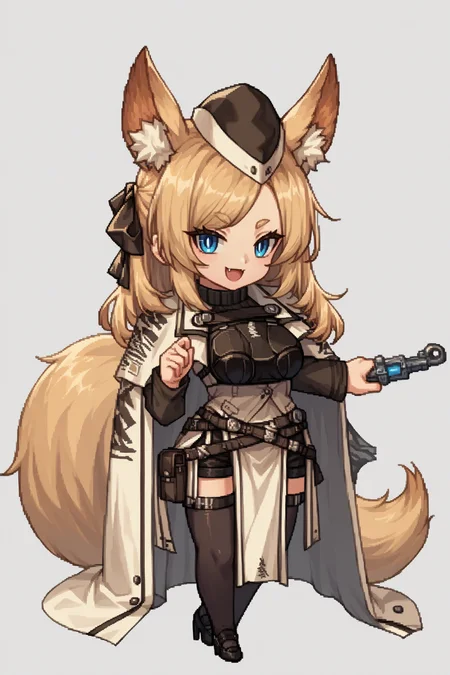 score_9, score_8_up, score_7_up, , rating_general,1girl ,wssd, animal ears, tail, hair ribbon, garrison cap, ribbed sweater, long sleeves, breastplate, white cape, pouch belt, black shorts, pelvic curtain, black thighhighs, high heels, source_anime, smile, :3,  skin fang, open mouth, naughty face, <lora:WhislashPDCAMEv2L AK-000006:1>,<lora:GBFPixelPDCAME Style:1>, pixel art, 2d, full portrait, simple background, white background, chibi,