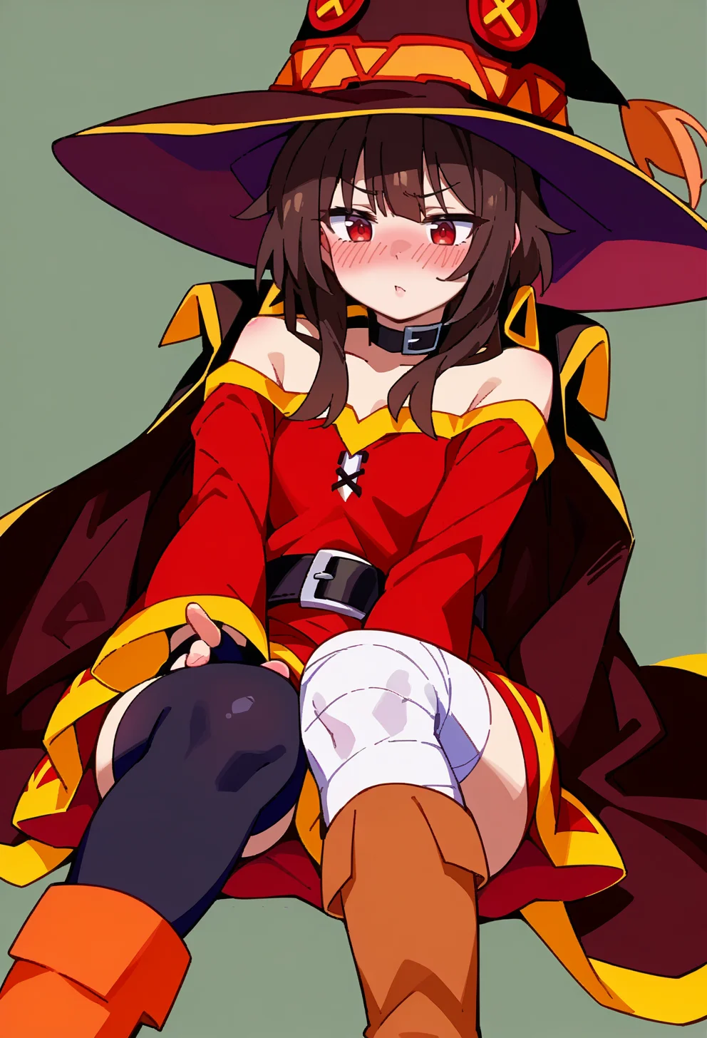 score_9, score_7_up, source_anime, BREAK <lora:AEFeguimel:1> <lora:AEMegumin:1> AEMegumindef, red eyes, Brown hair, Belt choker, red dress, off-shoulder dress, Black gloves, fingerless gloves, Belt, mismatched legwear, asymmetrical legwear, bandaged leg, black thighhighs, knee boots, hat, Black cape, full-face blush,