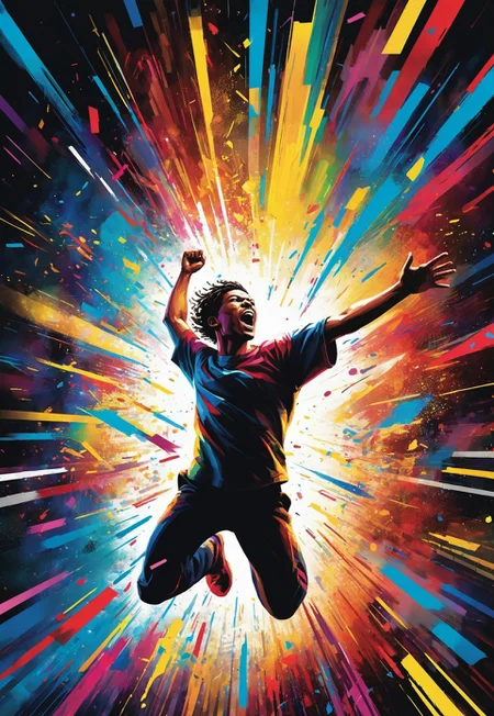 A player is liberated from a digital system, their words breaking free in stuttered excitement, proclaiming their newfound freedom. The cinematic image depicts a figure breaking through digital constraints, exuding a sense of power and release. Vivid colors and sharp lines convey a strong sense of movement and triumph. Every pixel bursts with energy and vibrancy, capturing the viewer's attention and drawing them into the exhilarating moment of liberation.