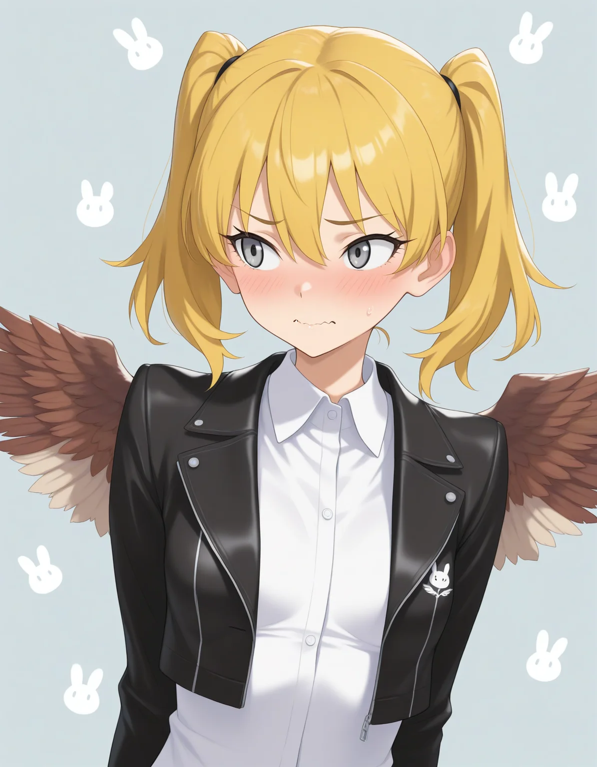 masterpiece, best quality, 1girl, takane-chan, twintails, black jacket, cropped jacket, open jacket, white shirt, collared shirt, wavy mouth, embarrassed, blush, looking aside, simple background, rabbit print background