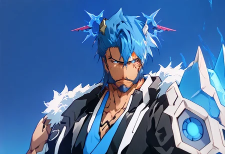 Cast_Q, Casual_Q _Jacket, Casual_Q male, blue short wild hair, goatee, serious, muscular, anime, cyberpunk, blue mechanical eyes, Bara(may be needed), ((cowboy shot)), strong facial features, scruffy beard, blue hair, short wild hair, bleach_tybw_style, glowing crown:0.7, ({blue} light):1.6, full body, score_9, score_8_up, score_7_up, score_6_up, concept art score_9,score_8_up,score_7_up,score_6_up,((hollowfication)),blue theme,