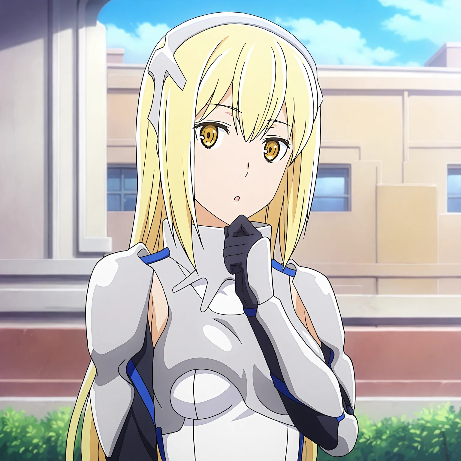 <lora:Aiz2-000019:0.7>Aiz,normal suit,solo,looking at viewer,hand on own chin,:o,outdoors,day,