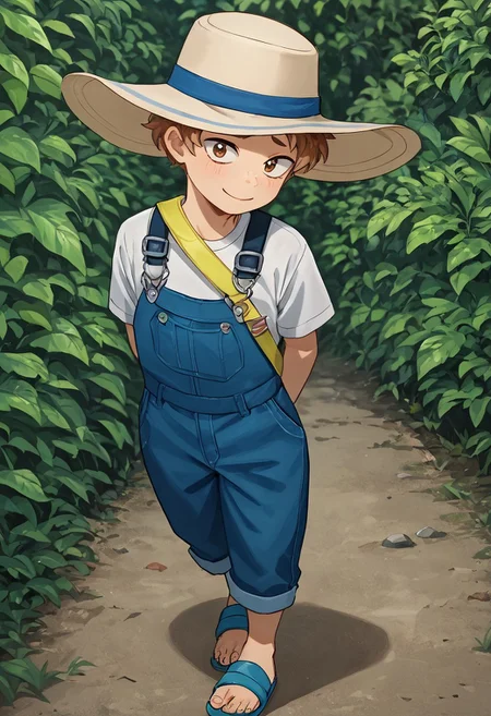 score_9, score_8_up, score_7_up, source_anime, highly detailed, cute boy, 1boy, solo, young, katsuma, sun hat, curly hair, light brown hair, brown eyes, white t-shirt, knee length overalls, hands behind back, shy smile, sandals, looking at viewer, avoiding eye contact, looking down