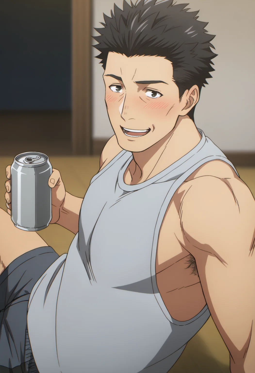 1boy, ooiwa_Iseleve, black eyes, black hair, spiked hair, (((white tanktop))), boxer brief, score_8_up, score_7_up, score_6_up, score_9, manly, muscle, ((middle-age man)), a muscular man at modern living room, centered, looking at viewer, (detailed eyes), 8k uhd, high quality, anime color, cinematic angle, side view, smile, sitting on floor, armpit_hair, holding a can of beer, ((drunk)), laugh, ((blush)), rib cage,