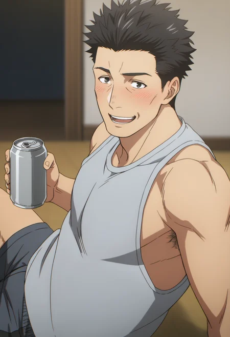1boy, ooiwa_Iseleve, black eyes, black hair, spiked hair, (((white tanktop))), boxer brief, score_8_up, score_7_up, score_6_up, score_9, manly, muscle, ((middle-age man)), a muscular man at modern living room, centered, looking at viewer, (detailed eyes), 8k uhd, high quality, anime color, cinematic angle, side view, smile, sitting on floor, armpit_hair, holding a can of beer, ((drunk)), laugh, ((blush)), rib cage,
