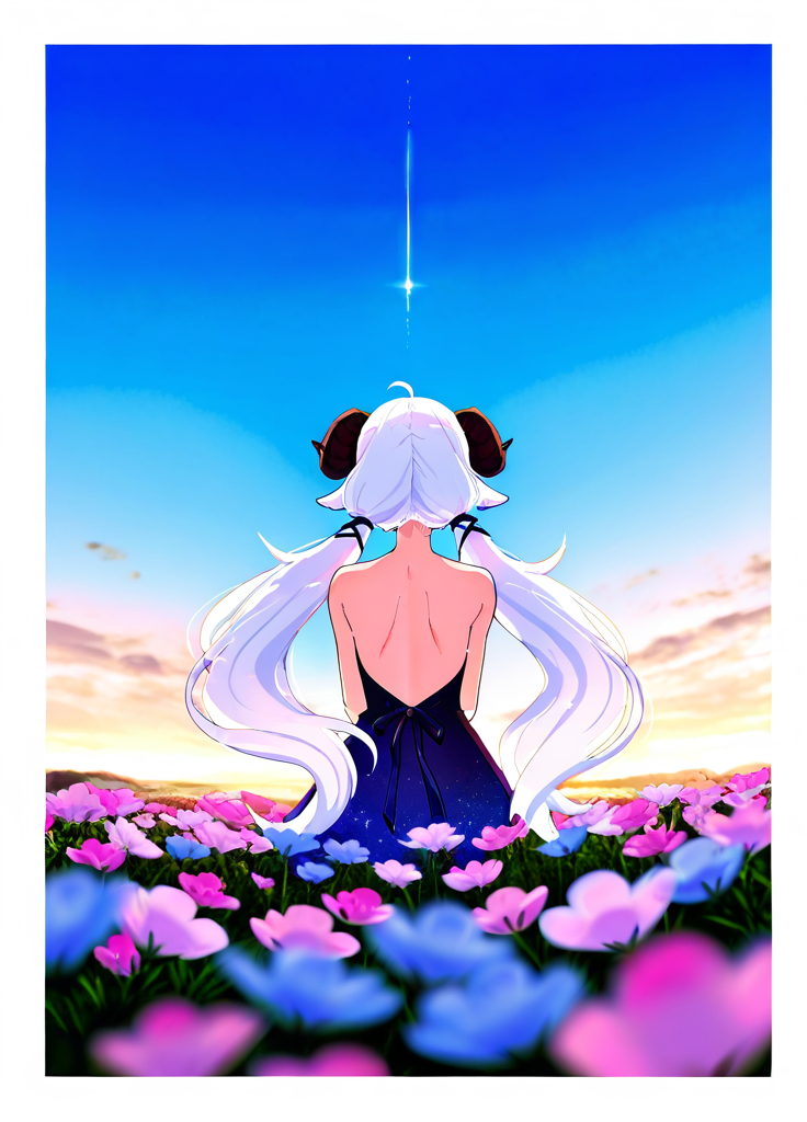colorful,(highres, absurdres, wallpaper,masterpiece, best quality),(landscape,wide_shot,outside_border,:1), masterpiece, best quality, very aesthetic, artist:[nobusawa osamu|yoneyama mai|fuzichoco|mika pikazo], 
DollieHitsujida, white hair, twintails,  horns, sheep ears, blue eyes, heart shaped pupils, 1girl, solo,  x hair ornament, normaloutfit,
in flower sea,in spring,gradient_sky,depth of field,(back:1.4) 
 <lora:noobai_vpred_1_masterpieces_v23:1>  <lora:DollieHitsujidav2EPOCH15:0.8>