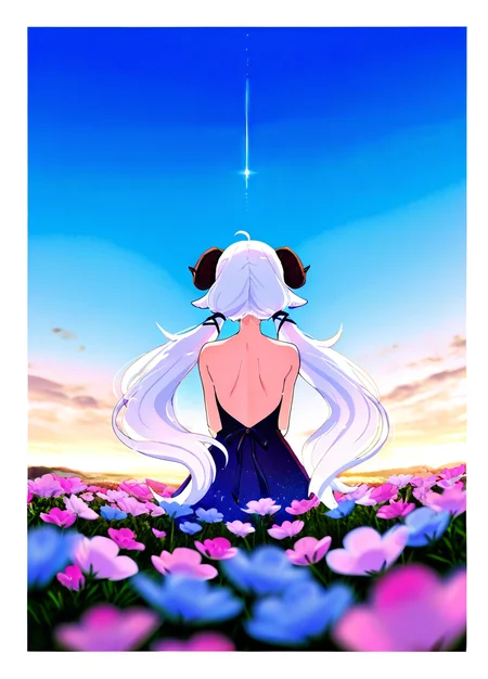 colorful,(highres, absurdres, wallpaper,masterpiece, best quality),(landscape,wide_shot,outside_border,:1), masterpiece, best quality, very aesthetic, artist:[nobusawa osamu|yoneyama mai|fuzichoco|mika pikazo], 
DollieHitsujida, white hair, twintails,  horns, sheep ears, blue eyes, heart shaped pupils, 1girl, solo,  x hair ornament, normaloutfit,
in flower sea,in spring,gradient_sky,depth of field,(back:1.4) 
 <lora:noobai_vpred_1_masterpieces_v23:1>  <lora:DollieHitsujidav2EPOCH15:0.8>