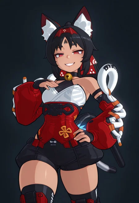 score_9_up, score_8_up, score_7_up, score_6_up, 1girl, solo, alone, masterpiece, best quality, high quality, simple background, abstract background, dark background, <lora:krekkov_style_ilxl_goofy:1>, krekkov style, <lora:Nekomiya_Mana_V2:1>, 1girl, Nekomiya Mana, solo, forehead tattoo, cat ears, red hair band, black hair, ponytail, red ponytail lace, red eyes, narrow waist, curvy, good anatomy, choker, cat bell, black mesh, white top, red sash, detached sleeves, red sleeves, white sleeve laces, fingerless gloves, black shorts, black thigh highs, futuristic shin covers, red metallic boots, high heels, cat paw boots, tail fluff, two tails, blue tail leds, cowboy shot, looking at viewer, evil smile, from below, hand on own hip, hand on own chest,wossarem
