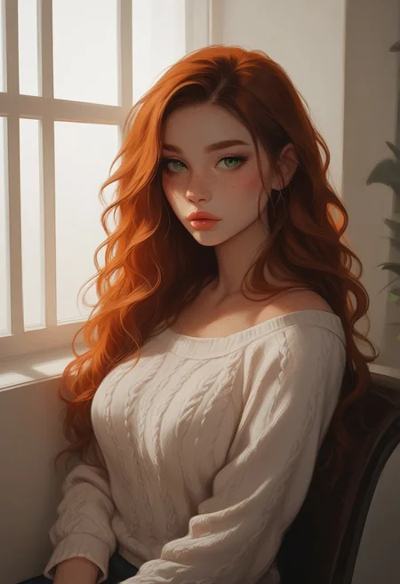 masterpiece, score_9, score_8_up, score_7_up, EasyNegative_v2, (best quality:1.1), ultra-detailed, high resolution, super detailed skin, Highly Visible, 8k, sharp focus, beautiful, perfect lighting, smooth edges, girl, 18 year old girl, cute innocent girl, solo, posing, petite, slender body, large perky round breasts, green eyes, ((freckles, freckle details)), full lips, slim legs, ginger, wavy hair, long hair, soft beige knitted sweater, subtle texture, cozy winter style, sitting by rainy cafe window, window reflection, soft rain atmosphere, soft indoor lighting, indoor warmth, soft natural lighting, slightly high angle