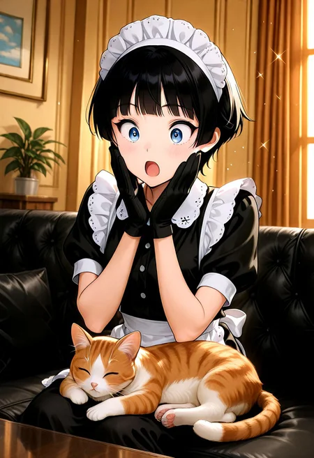 general,highres, ultra-detailed,very aesthetic,best quality ,best hands,masterpiece, best quality, newest, highres, (score_9, score_8_up, score_7_up), Enchanting Eyes, BREAK solo, 1girl, black hair, ((short hair)), hime cut, blunt bangs, (blue eyes), small breasts, ,open mouth, surprised, BREAK maid, apron, maid headdress, black dress, black gloves BREAK indoors, table, tabby cat, cat sleeping, cat curled up, cute cat, fluffy cat, cat on cushion, hands on own face, animal focus, (sparkles around cat), upper body, depth of field, back-lighting, dynamic angle, cowboy shot,