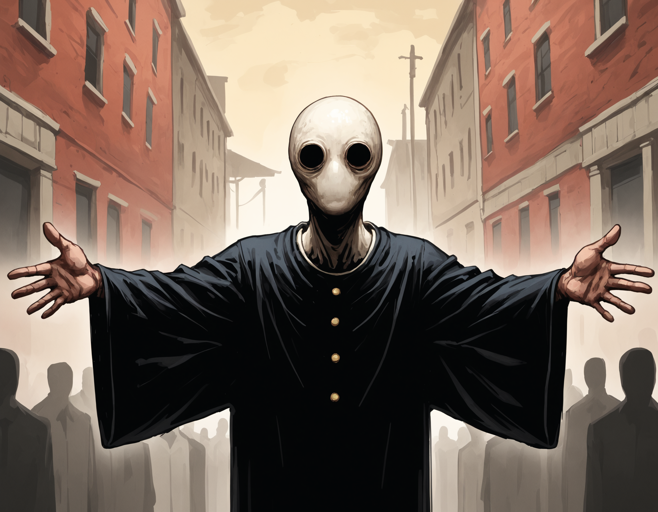score_9, <lora:The_Grey_Ones:0.6> gr4y0ne, horror \(theme\), politician, empty eyes, withered skin,  solid eyes, upper body, podium, many eyes, outstretched arms, outdoors, no mouth, large crowd