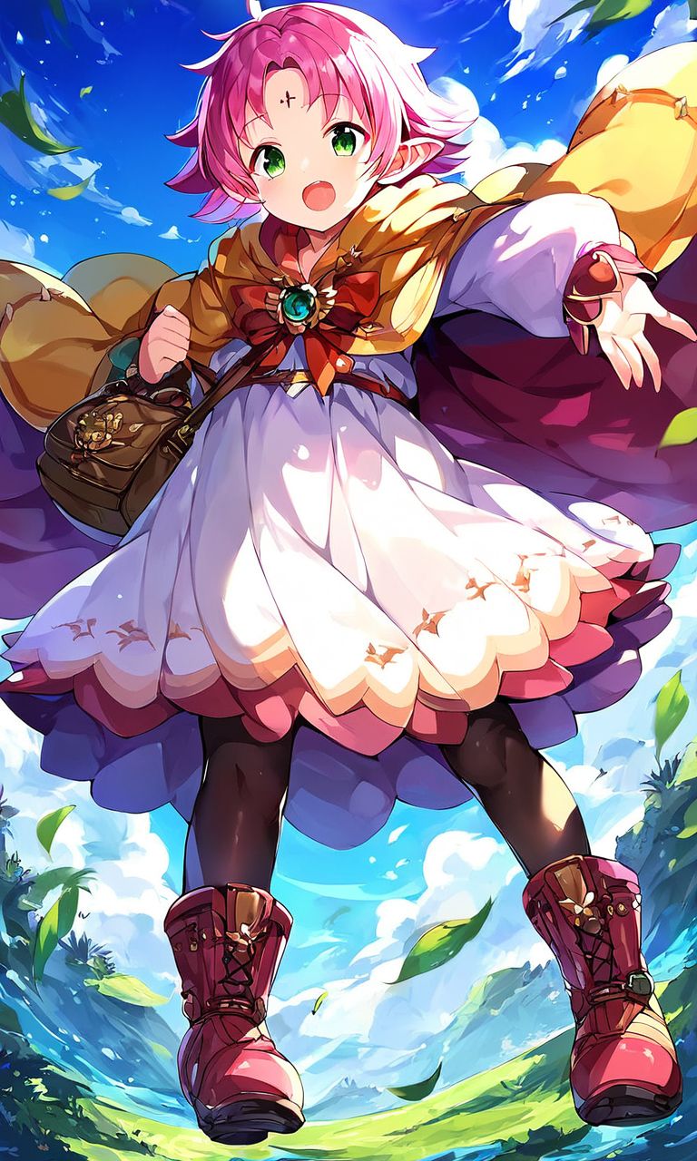 score_9, score_8_up, score_7_up, source_anime, rating_explicit, BREAK  <lora:Fae_Fuuin_no_Tsurugi_XL:1>
Fae, short hair, pink hair, green eyes,  solo, open mouth, facial mark, 
sky,
wings, open mouth, solo, dress, facial mark, long sleeves, bag, full body, boots, cape, pantyhose,