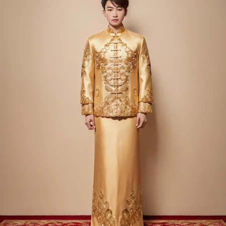 (8k, RAW photo, best quality, masterpiece:1.2), (realistic, photo-realistic:1.4), ultra-detailed, (young male internet celebrity),masculine style,perfect detail , make up,(full body:1.5),chinese style architecture,a man, a gold dress with a gold jacket on a mannequin,<lora:nzshs-10:0.8>