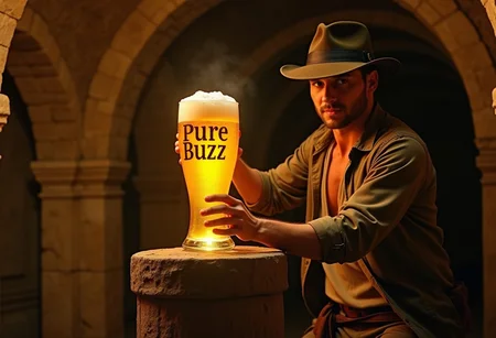 photorealistic picture of Indiana Jones lifting a yellow glowing glass that has text "Pure Buzz" from a pedestal in a catacomb.