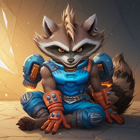 score_9, score_8_up, score_7_up, score_6_up, score_5_up, score_4_up, source_furry
anthro, ((1boy, solo)), brown fur, raccoon, mohawk, shortstack, red eyes, armor, blue pants, kneepads, earing, gloves, jetpack, rocket raccoon
BREAK
detailed background, neo tokyo scenery, (((sitting on ground)))